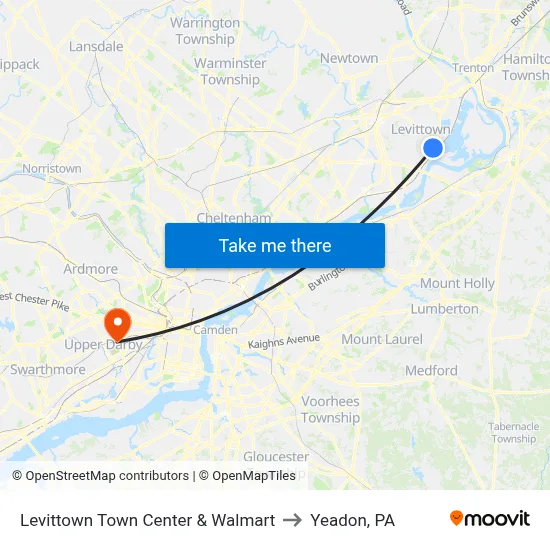 Levittown Town Center & Walmart to Yeadon, PA map