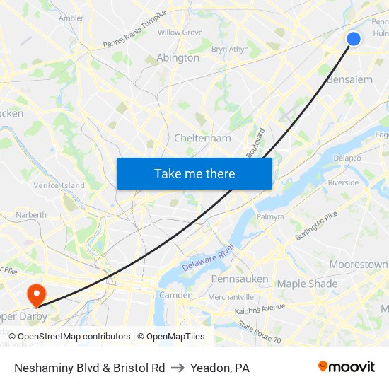 Neshaminy Blvd & Bristol Rd to Yeadon, PA map