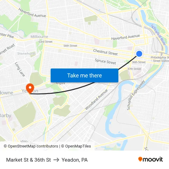 Market St & 36th St to Yeadon, PA map