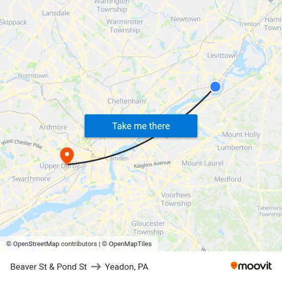 Beaver St & Pond St to Yeadon, PA map