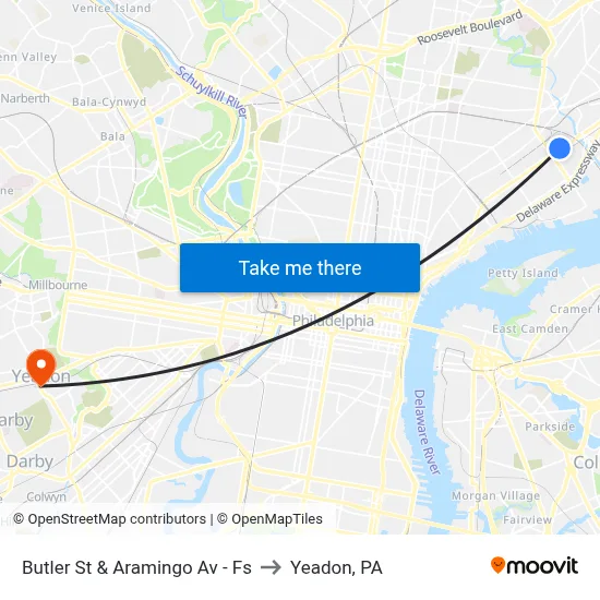 Butler St & Aramingo Av - Fs to Yeadon, PA map