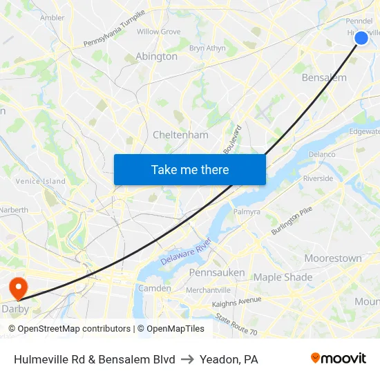 Hulmeville Rd & Bensalem Blvd to Yeadon, PA map