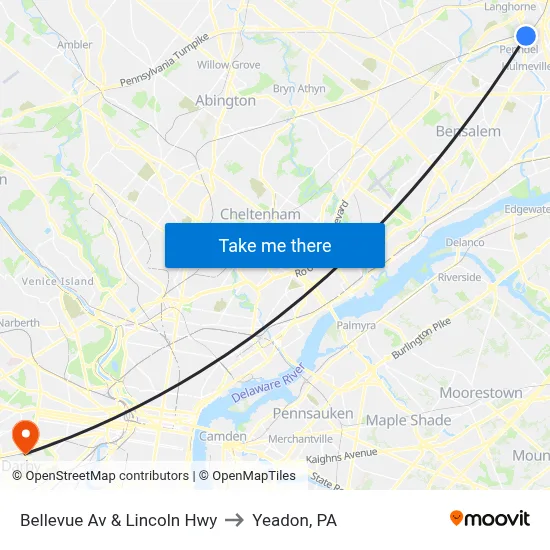 Bellevue Av & Lincoln Hwy to Yeadon, PA map