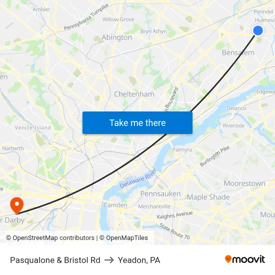 Pasqualone & Bristol Rd to Yeadon, PA map