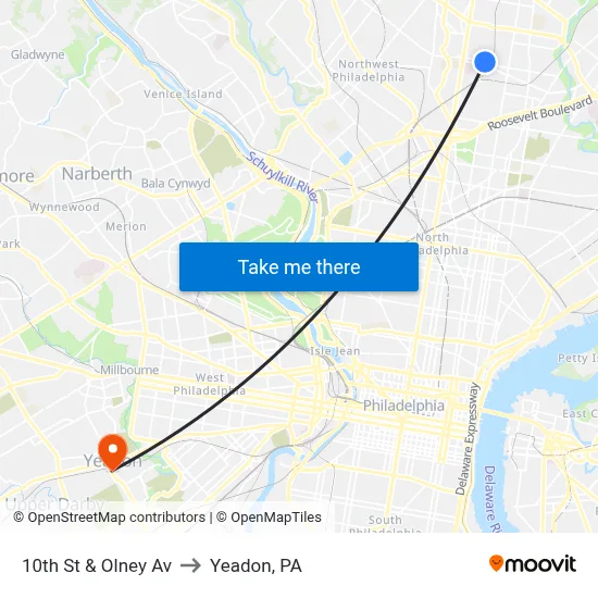 10th St & Olney Av to Yeadon, PA map
