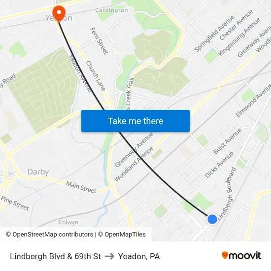 Lindbergh Blvd & 69th St to Yeadon, PA map