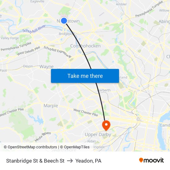 Stanbridge St & Beech St to Yeadon, PA map