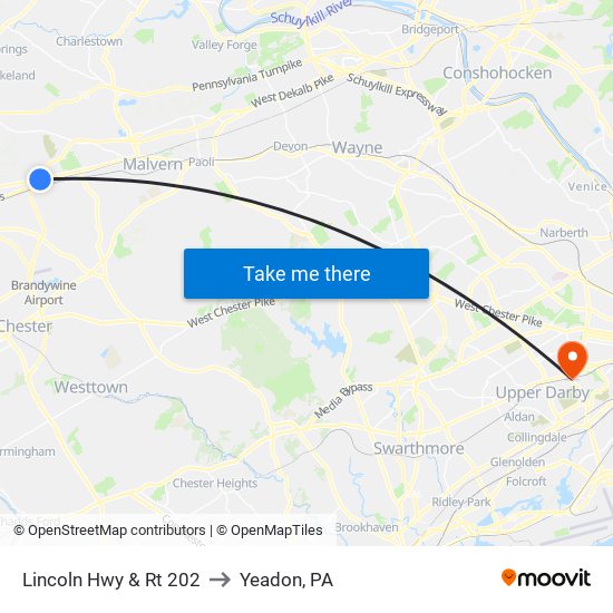 Lincoln Hwy & Rt 202 to Yeadon, PA map