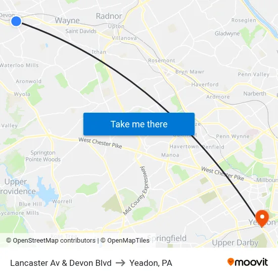 Lancaster Av & Devon Blvd to Yeadon, PA map