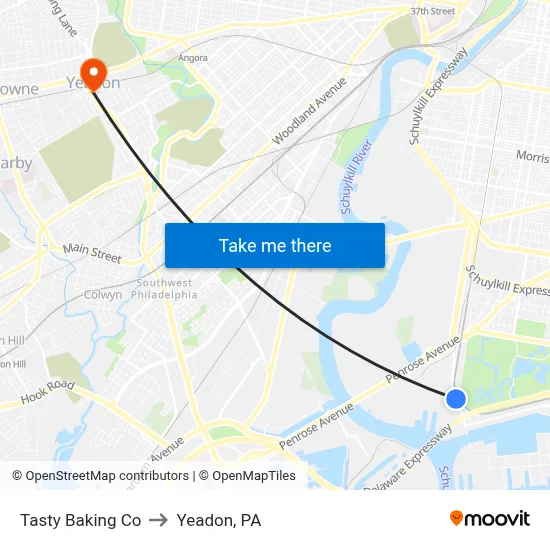 Tasty Baking Co to Yeadon, PA map