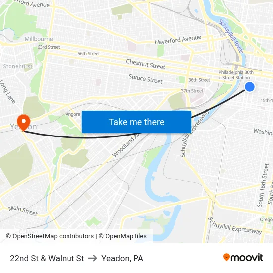 22nd St & Walnut St to Yeadon, PA map