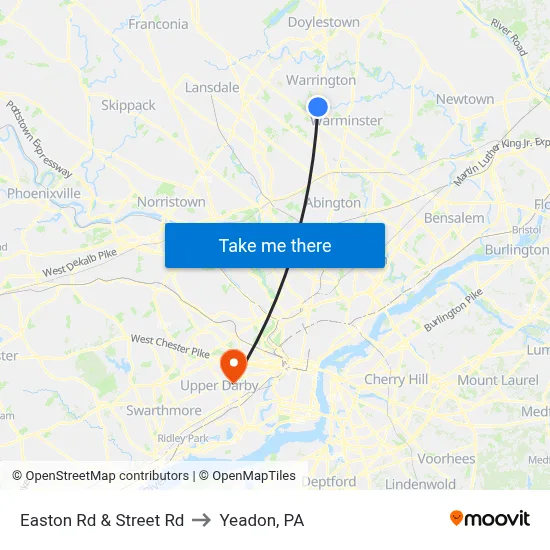 Easton Rd & Street Rd to Yeadon, PA map