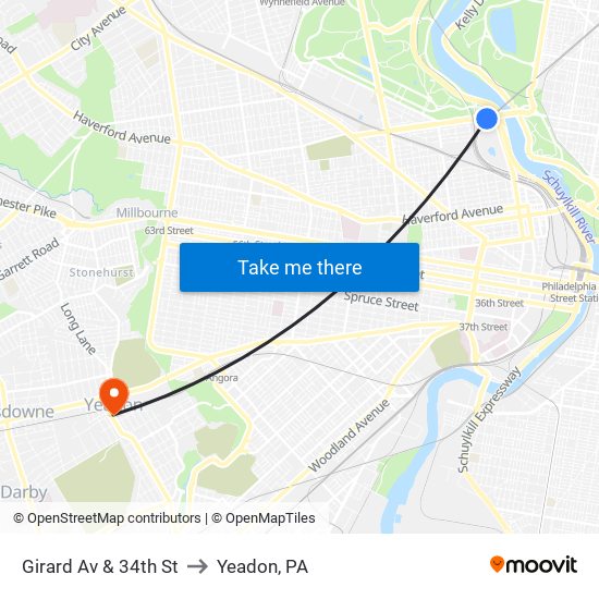 Girard Av & 34th St to Yeadon, PA map