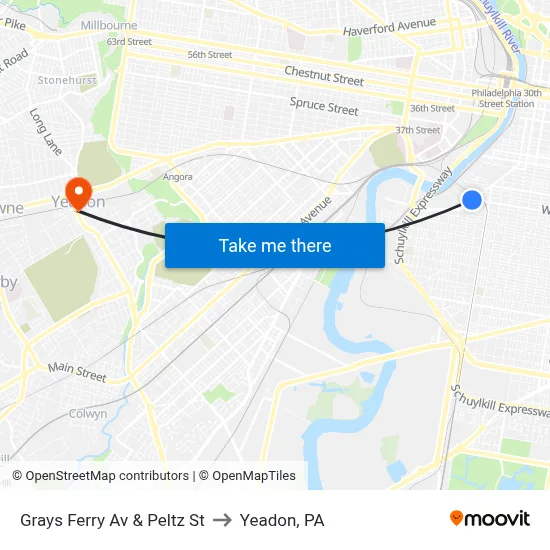 Grays Ferry Av & Peltz St to Yeadon, PA map