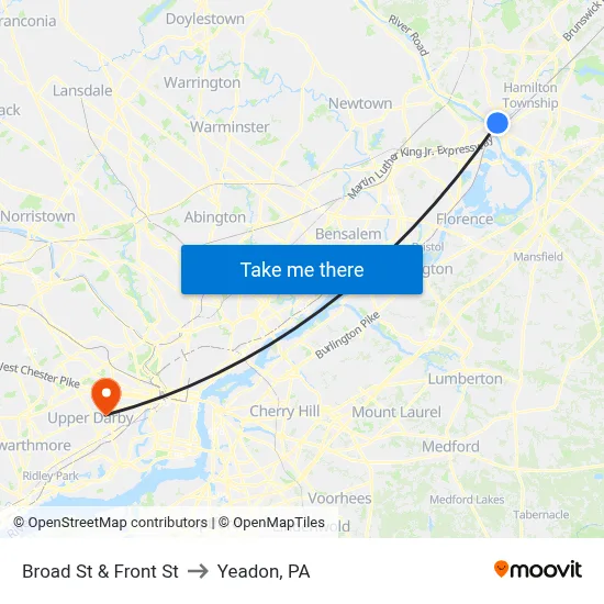 Broad St & Front St to Yeadon, PA map