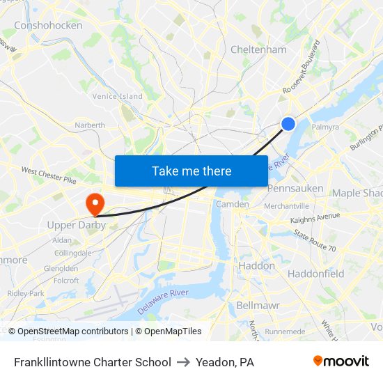 Frankllintowne Charter School to Yeadon, PA map