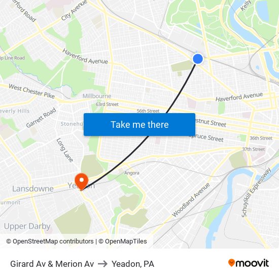 Girard Av & Merion Av to Yeadon, PA map