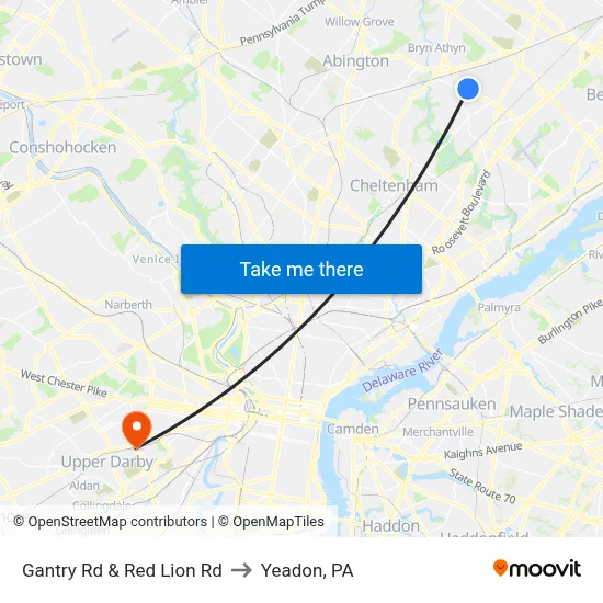 Gantry Rd & Red Lion Rd to Yeadon, PA map