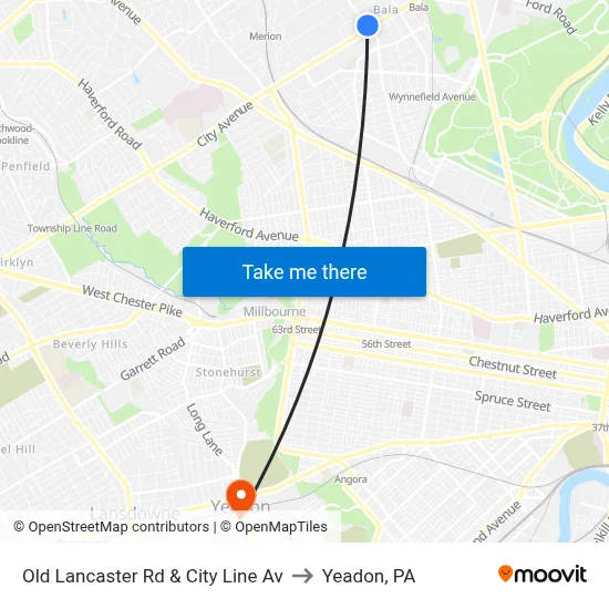 Old Lancaster Rd & City Line Av to Yeadon, PA map