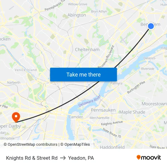 Knights Rd & Street Rd to Yeadon, PA map
