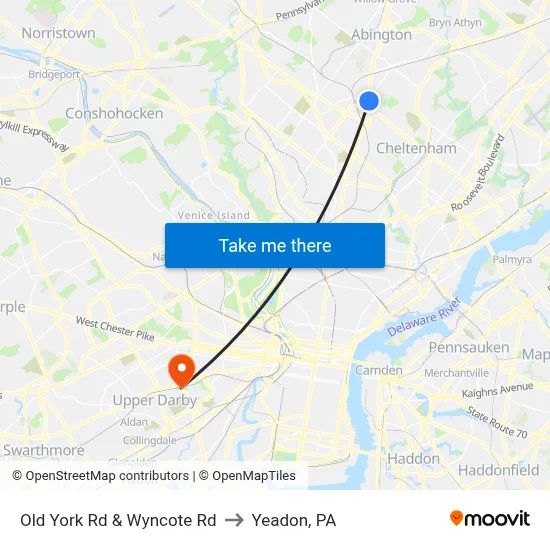 Old York Rd & Wyncote Rd to Yeadon, PA map