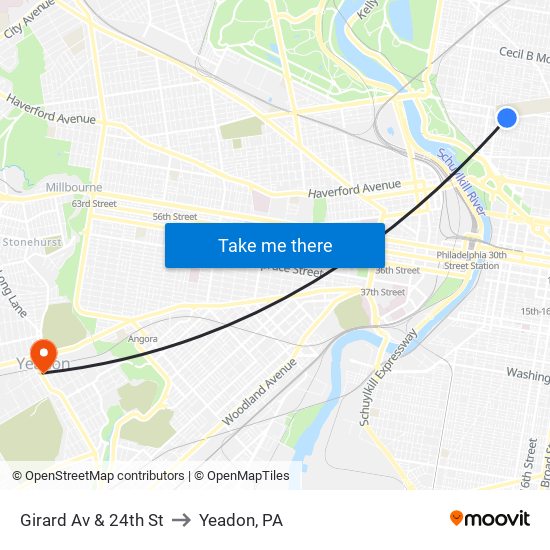 Girard Av & 24th St to Yeadon, PA map