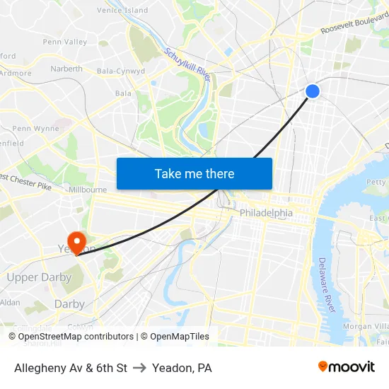 Allegheny Av & 6th St to Yeadon, PA map