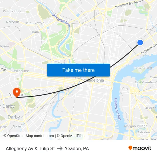 Allegheny Av & Tulip St to Yeadon, PA map
