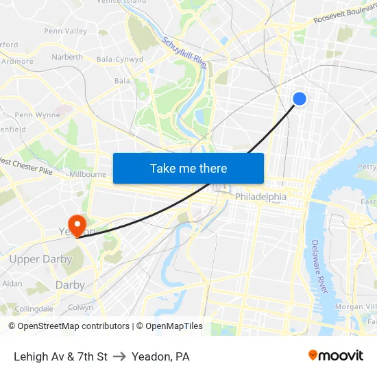 Lehigh Av & 7th St to Yeadon, PA map