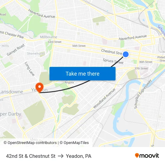 42nd St & Chestnut St to Yeadon, PA map