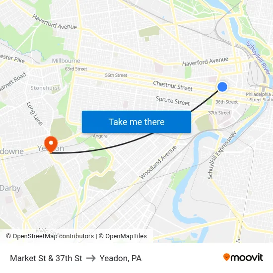 Market St & 37th St to Yeadon, PA map