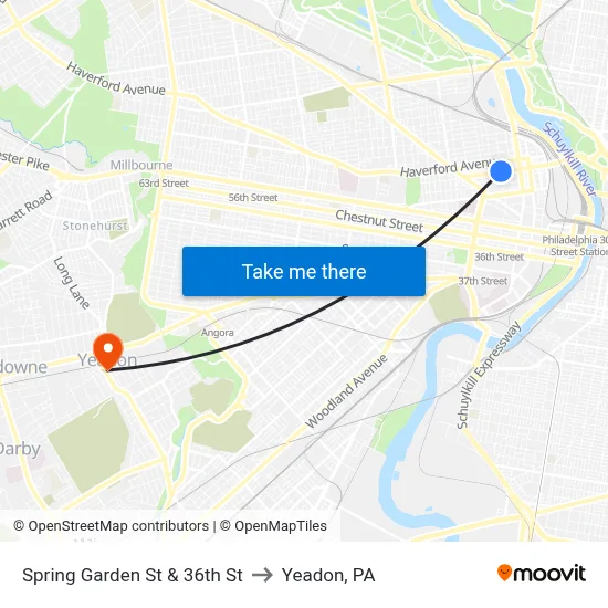 Spring Garden St & 36th St to Yeadon, PA map