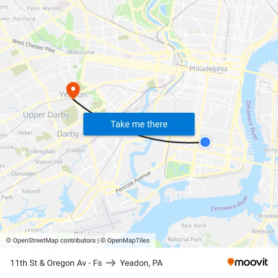 11th St & Oregon Av - Fs to Yeadon, PA map