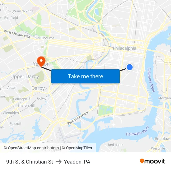 9th St & Christian St to Yeadon, PA map