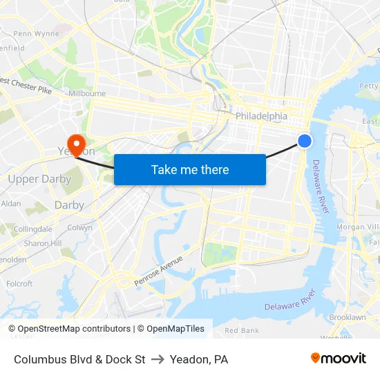 Columbus Blvd & Dock St to Yeadon, PA map