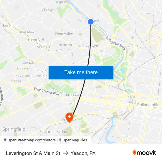 Leverington St & Main St to Yeadon, PA map