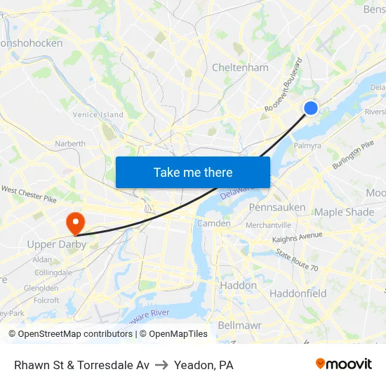 Rhawn St & Torresdale Av to Yeadon, PA map