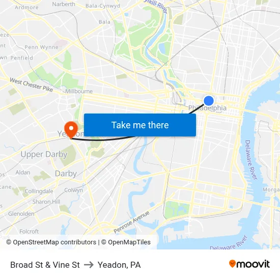 Broad St & Vine St to Yeadon, PA map