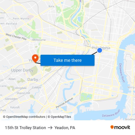 15th St Trolley Station to Yeadon, PA map