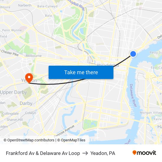 Frankford Av & Delaware Av Loop to Yeadon, PA map