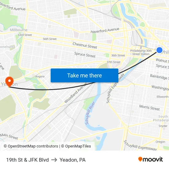 19th St & JFK Blvd to Yeadon, PA map