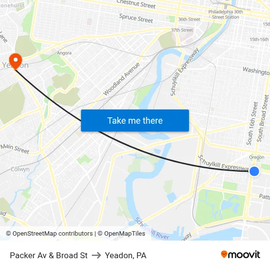 Packer Av & Broad St to Yeadon, PA map