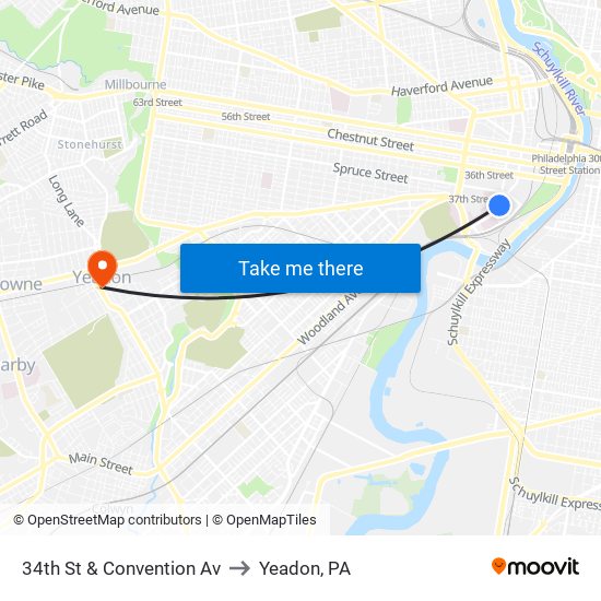 34th St & Convention Av to Yeadon, PA map