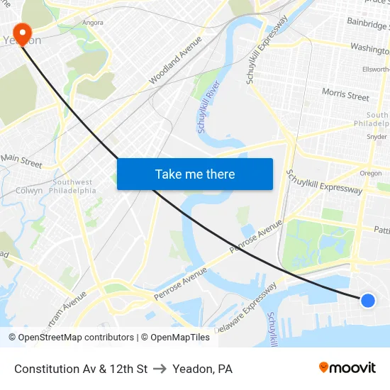Constitution Av & 12th St to Yeadon, PA map