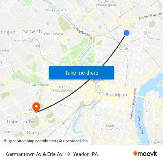 Germantown Av & Erie Av to Yeadon, PA map