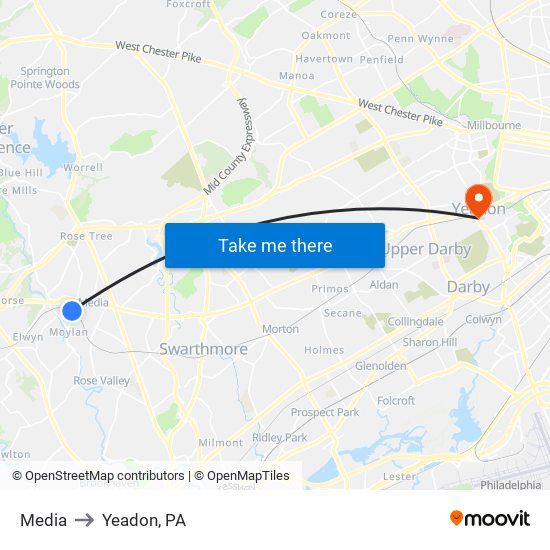 Media to Yeadon, PA map