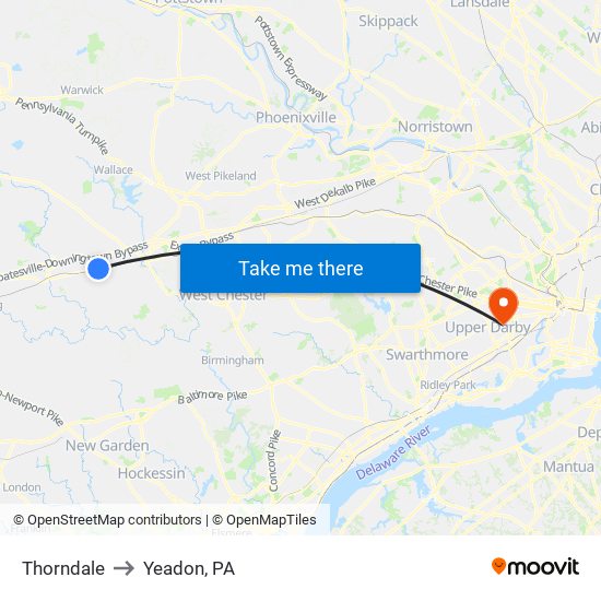 Thorndale to Yeadon, PA map