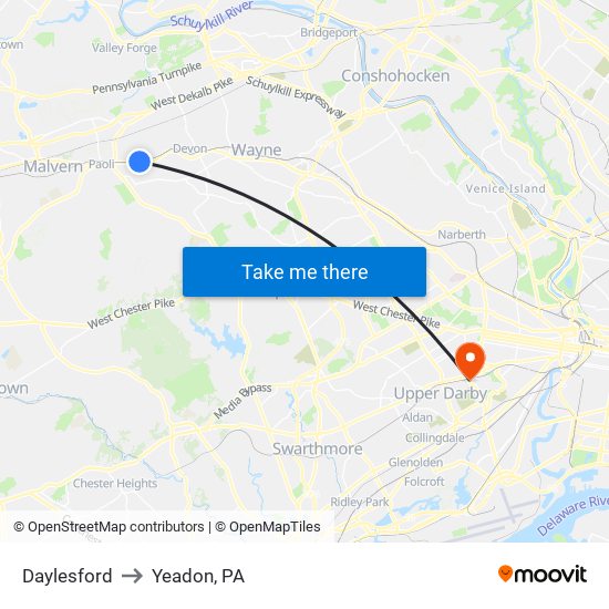 Daylesford to Yeadon, PA map