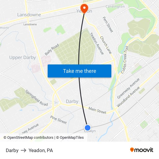 Darby to Yeadon, PA map