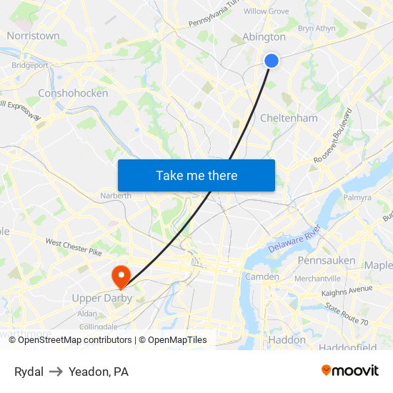 Rydal to Yeadon, PA map